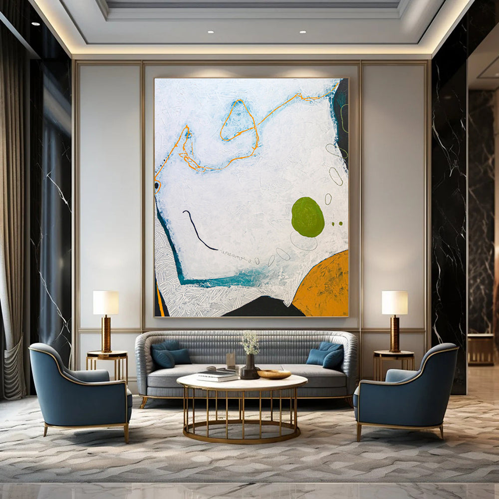 “Textured Abstract with White, Blue, Orange, and Green” - Playful Mixed - Media Painting On Canvas DKH1107