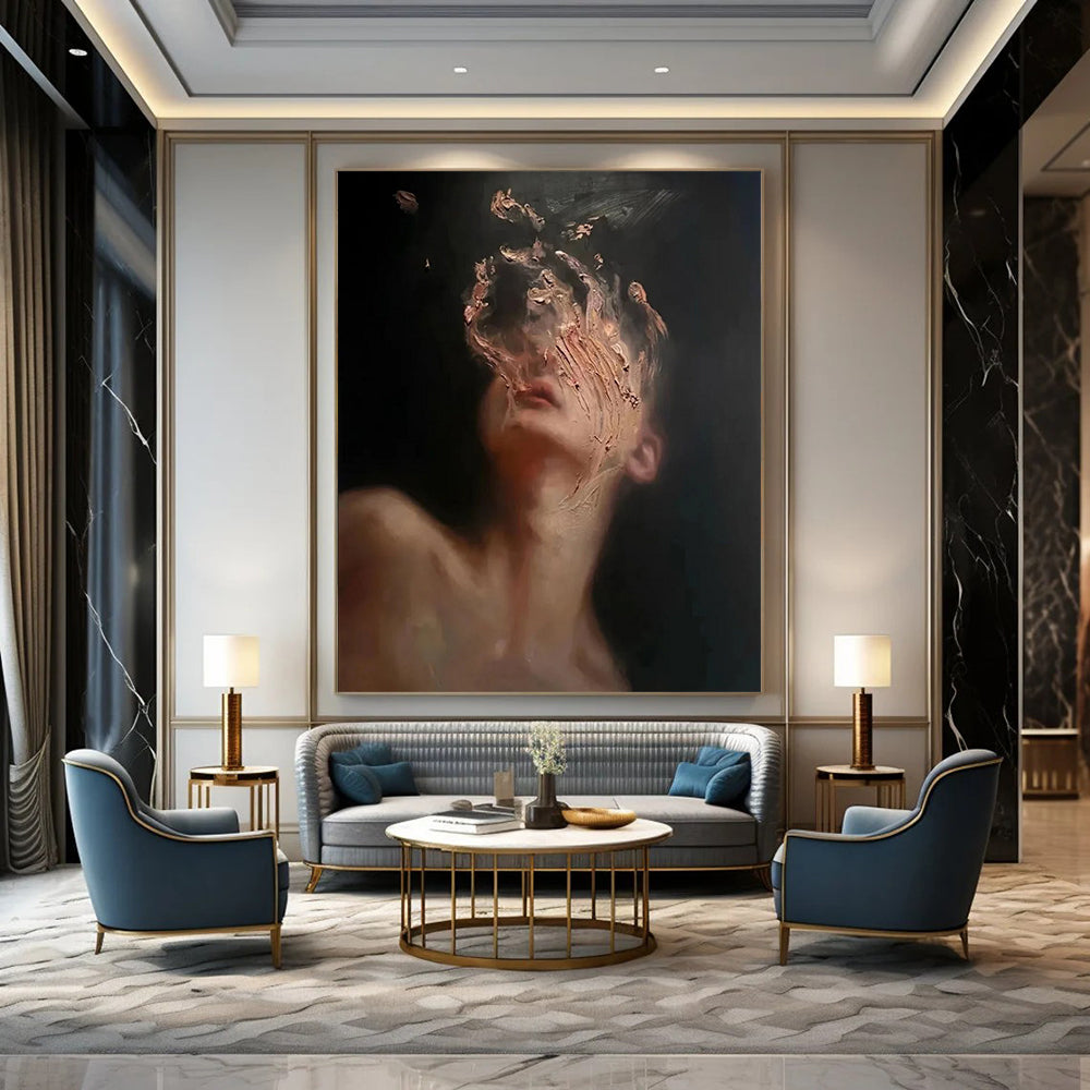 “Black, Beige, Gold Abstract Portrait ‘Ethereal Face’” - Textured Figurative Painting On Canvas DTP315