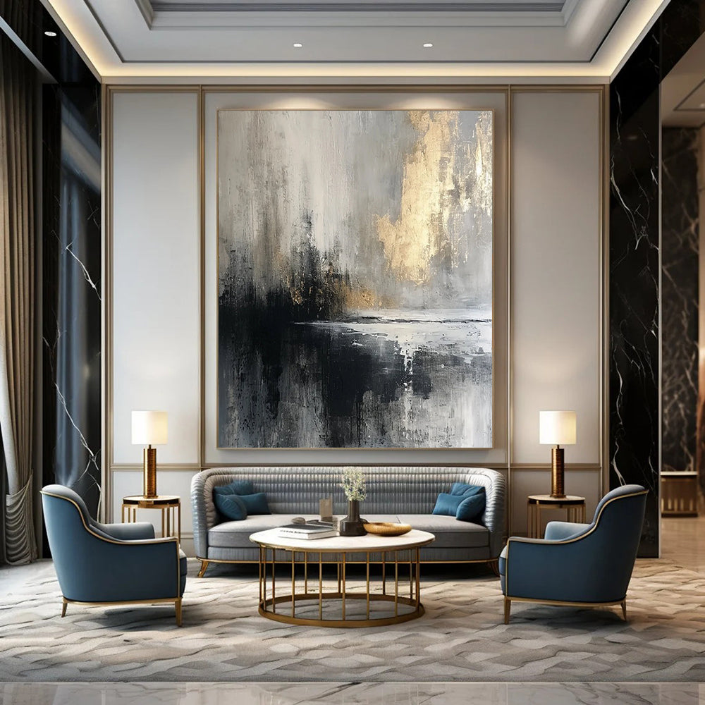 “Gray - Gold Abstract Reflection” - Abstract Expressionist Painting On Canvas DTP067