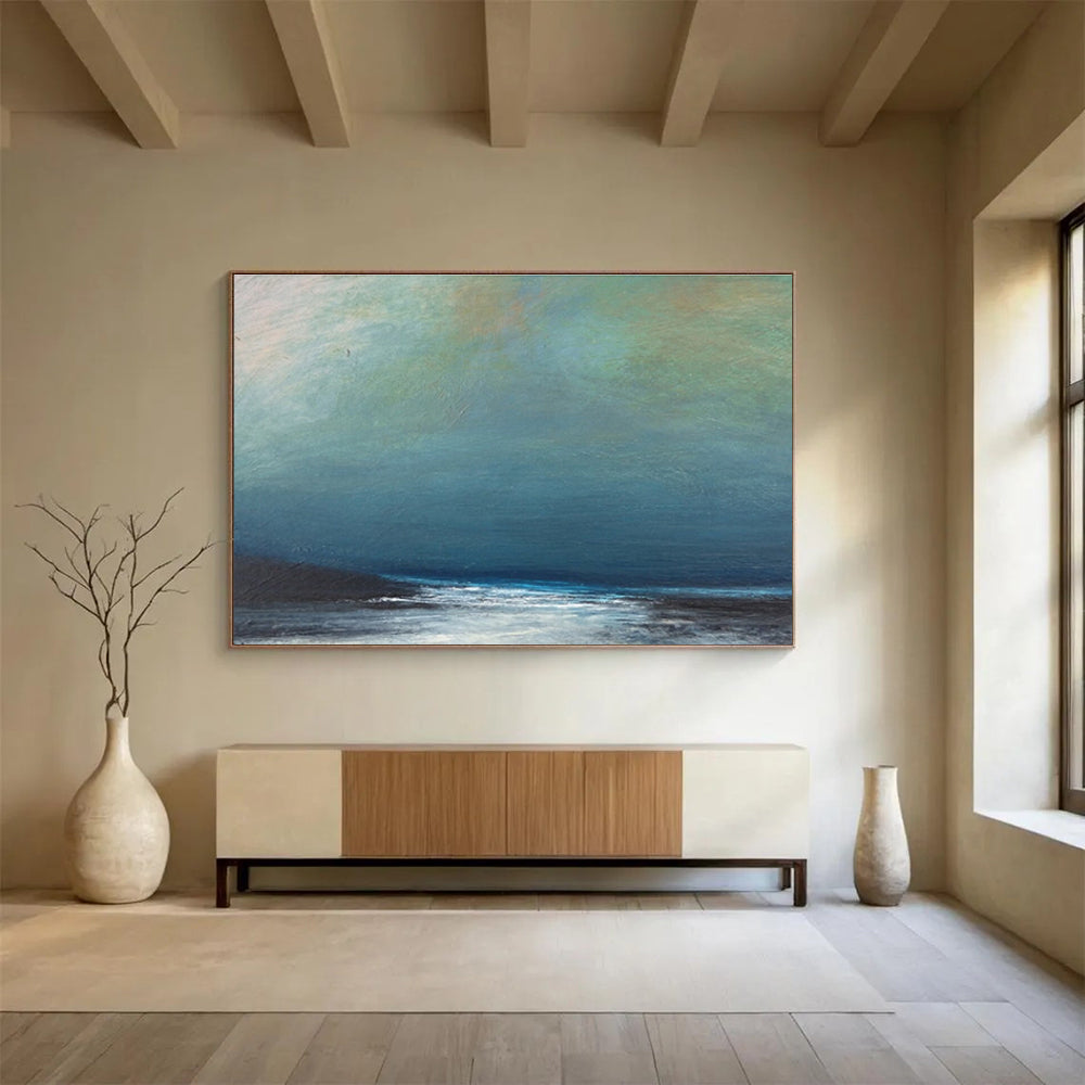 Muted Blue and Gray Seaside “Hazy Coastal Calm” Painting On Canvas DKH107