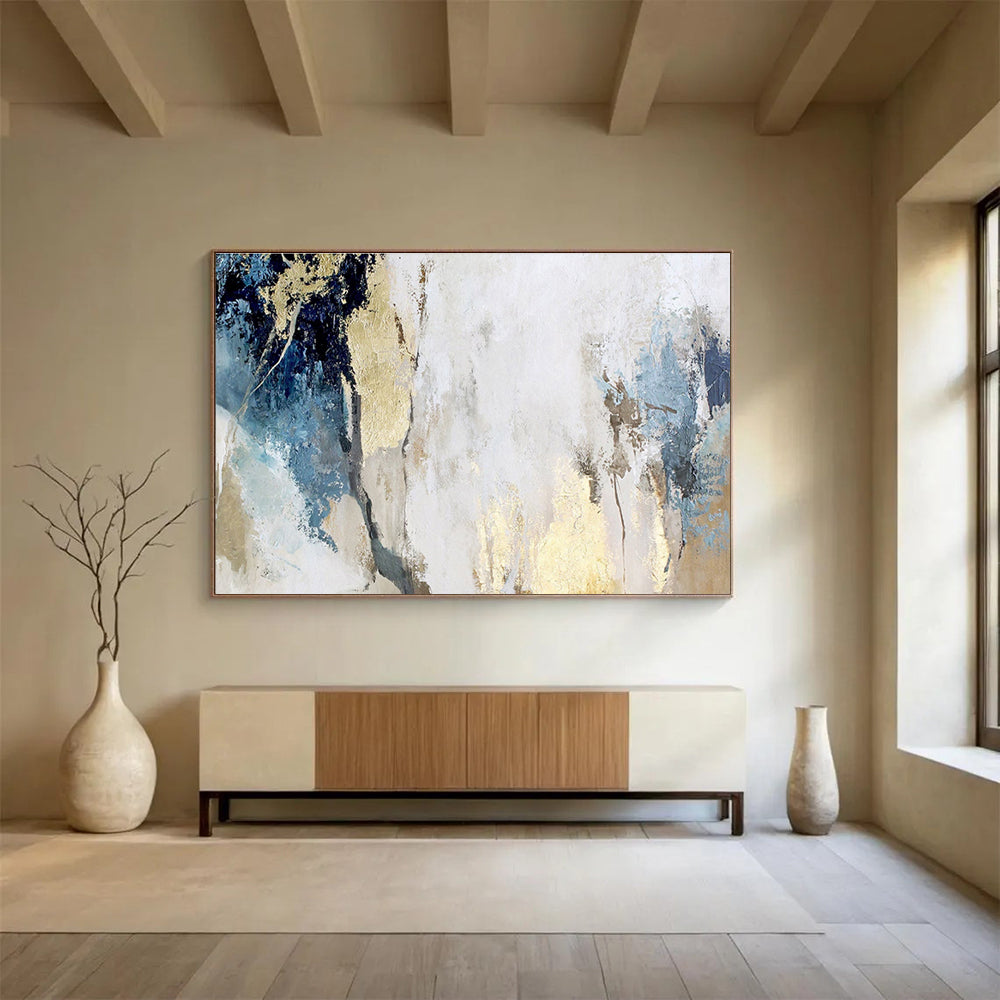 Blue, Gray, and Gold Abstract “Elegant Neutral Fusion” Painting On Canvas DKH128