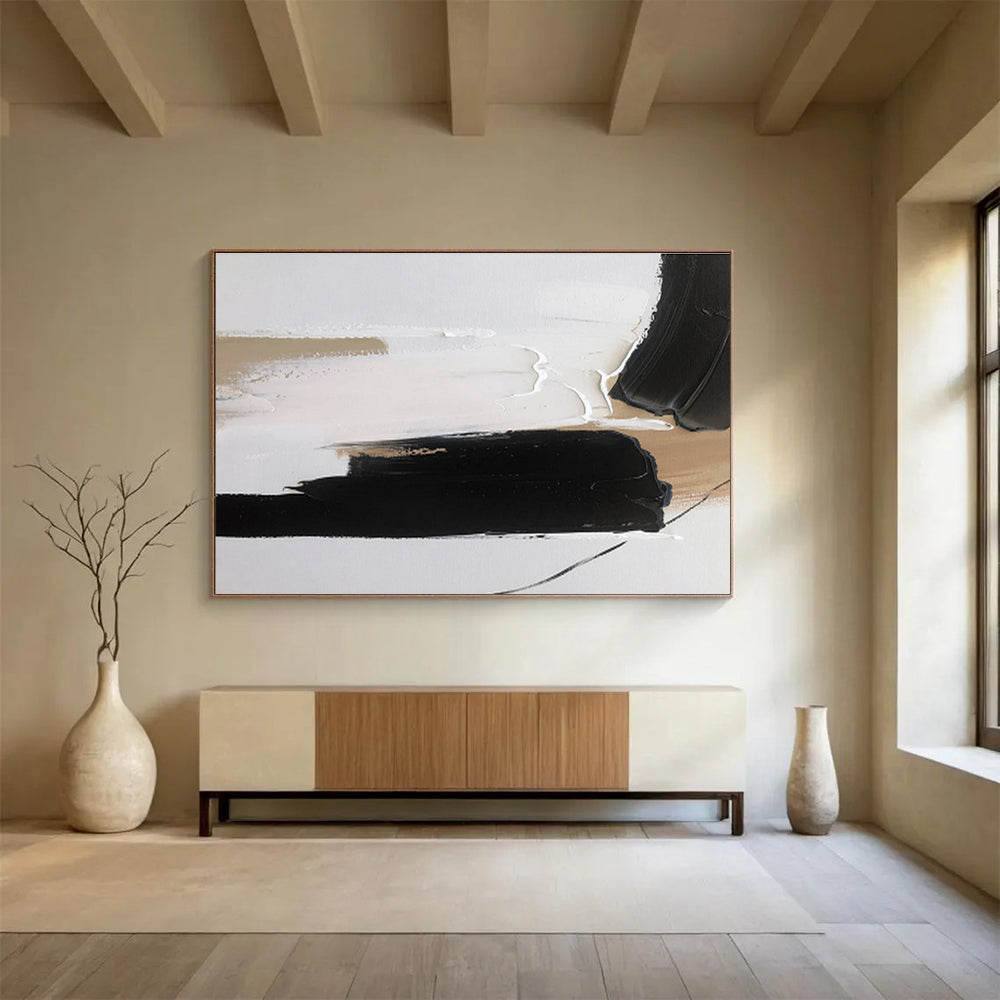 Contrasting Black and Beige Abstract Painting On Canvas DKH315