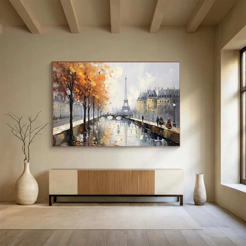 Autumn Paris River Scene with Eiffel Tower - Impressionist Landscape Painting On Canvas DLZ171