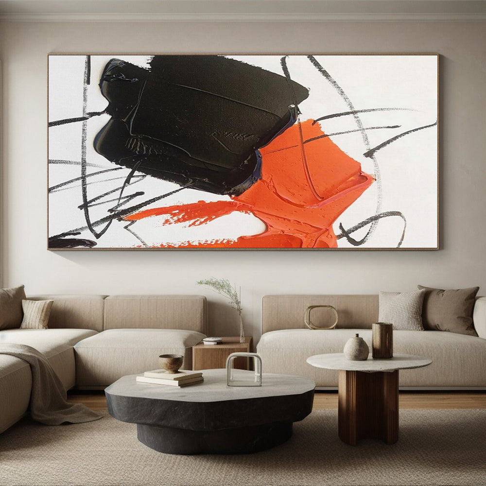“Orange - Black - White Dynamic Strokes” ,Abstract Acrylic Painting CT0786