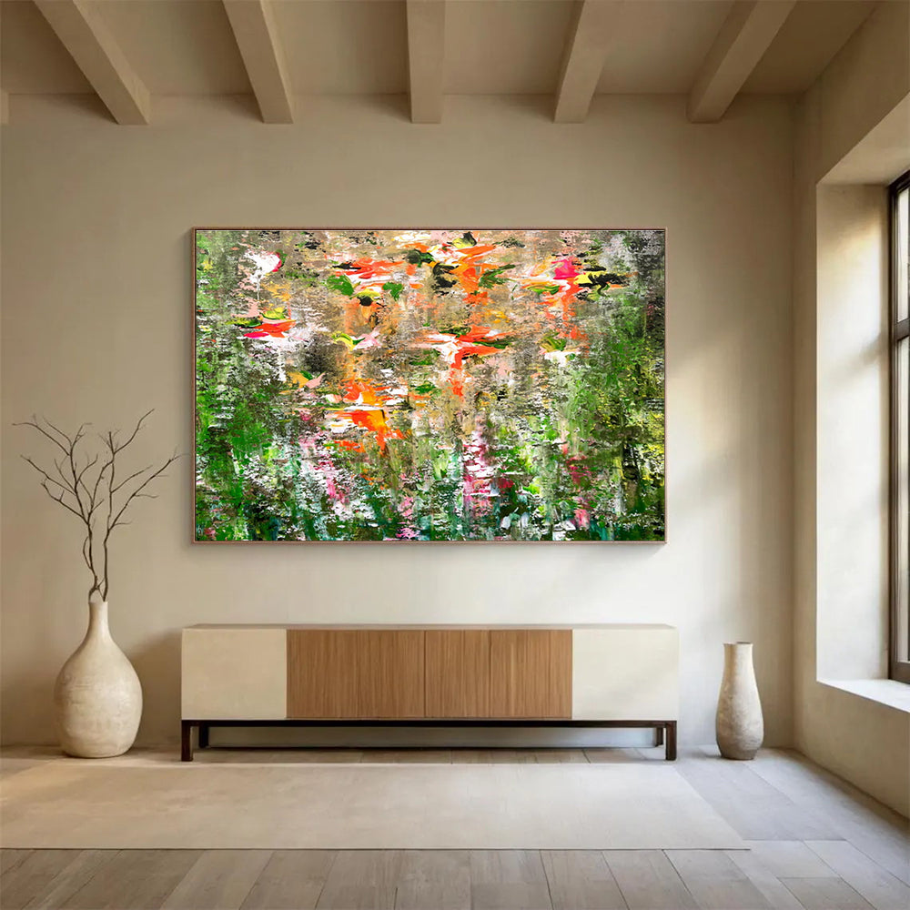 “Blossom Burst in Earthy Hues” - Green, Orange & Pink Floral Abstract Painting On Canvas DKH922