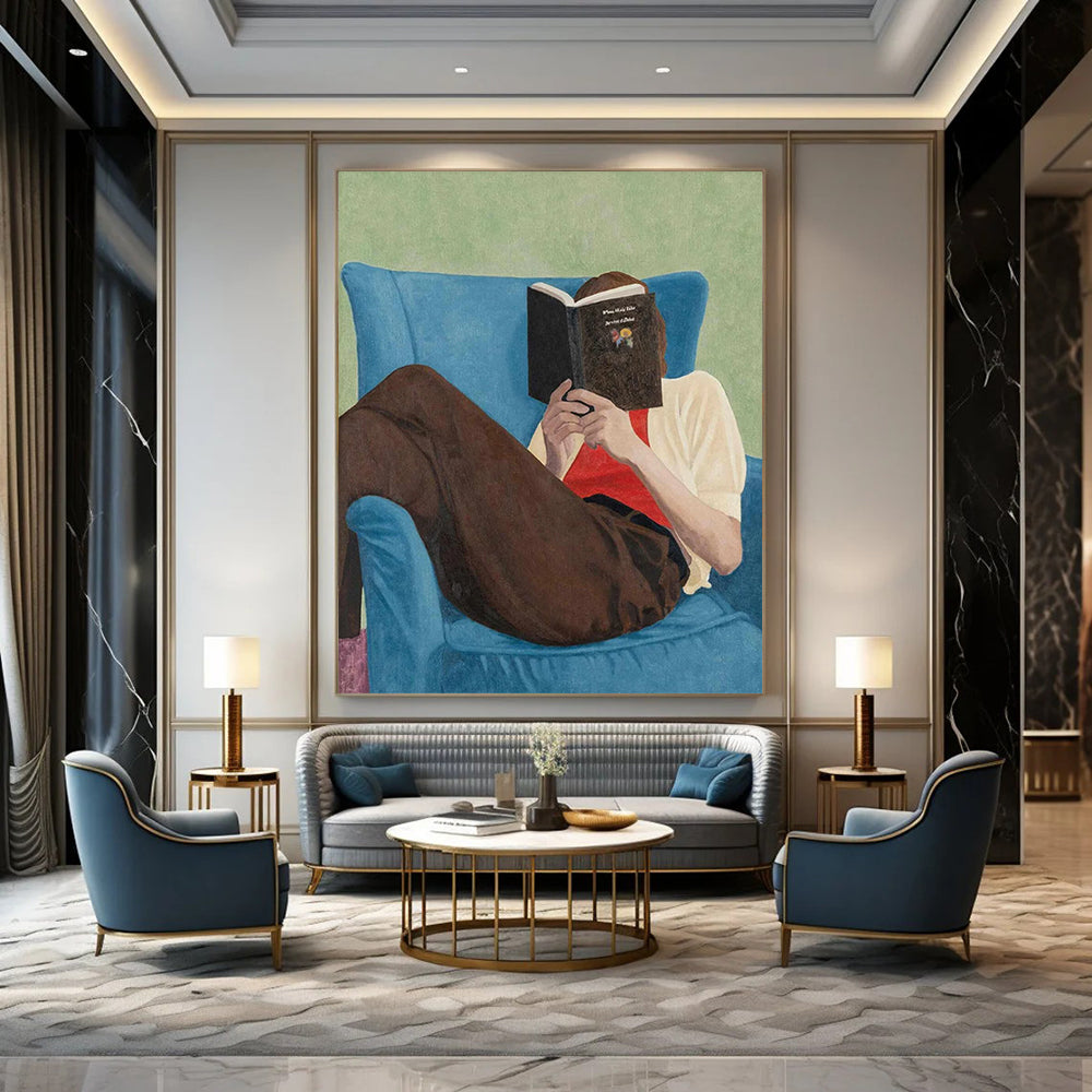 “Figure Reading on Blue Chair” - Green, Blue, Brown Figurative Painting On Canvas DTP303