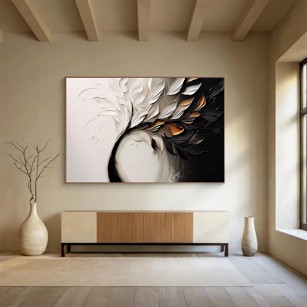 “Textured White & Gold Foliage” - White, Black, Gold 3D Floral Painting On Canvas DKH748