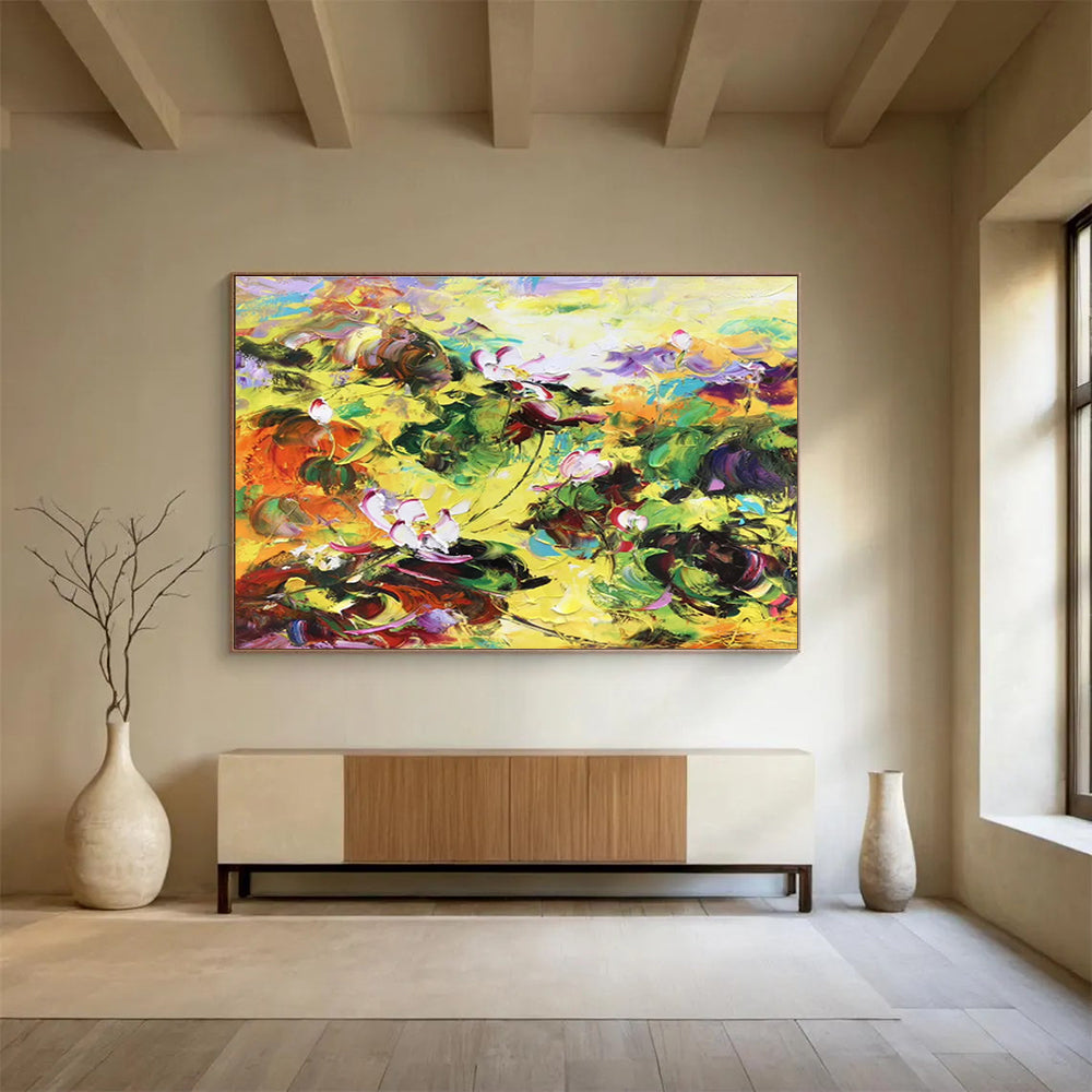 Vibrant Lotus Pond - Expressionistic Floral Painting On Canvas DKH635