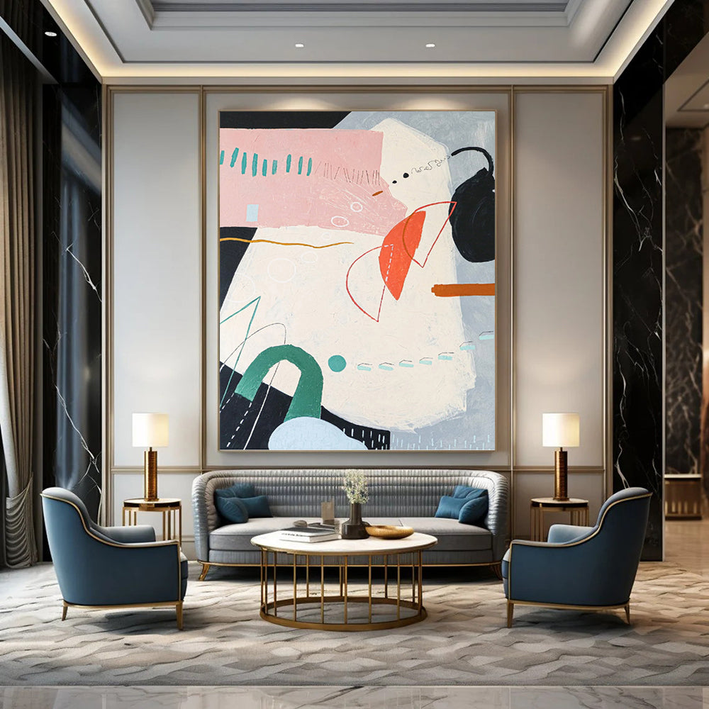 “Pastel - Colored Abstract with Geometric and Organic Shapes” - Whimsical Abstract Painting On Canvas DKH1102