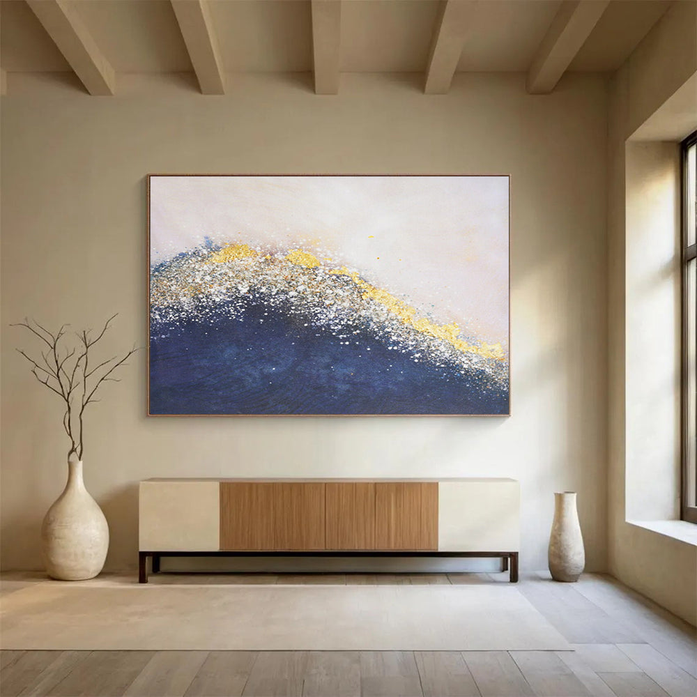 “Gilded Ocean Wave” - Navy, Gold & White Textured Abstract Painting On Canvas DLZ268