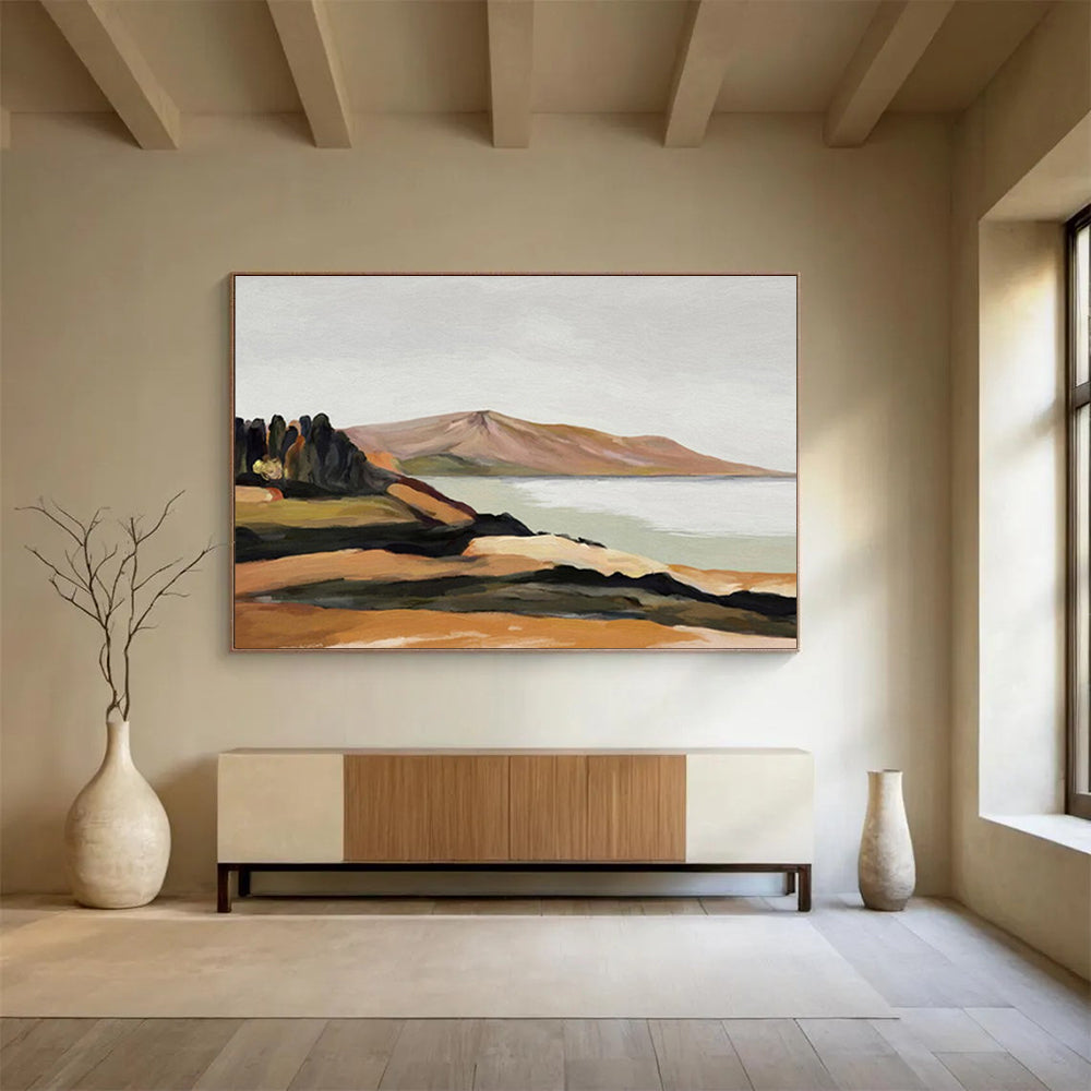 “Coastal Calm” - Brown, Green, Blue Landscape Oil Painting On Canvas DKH729