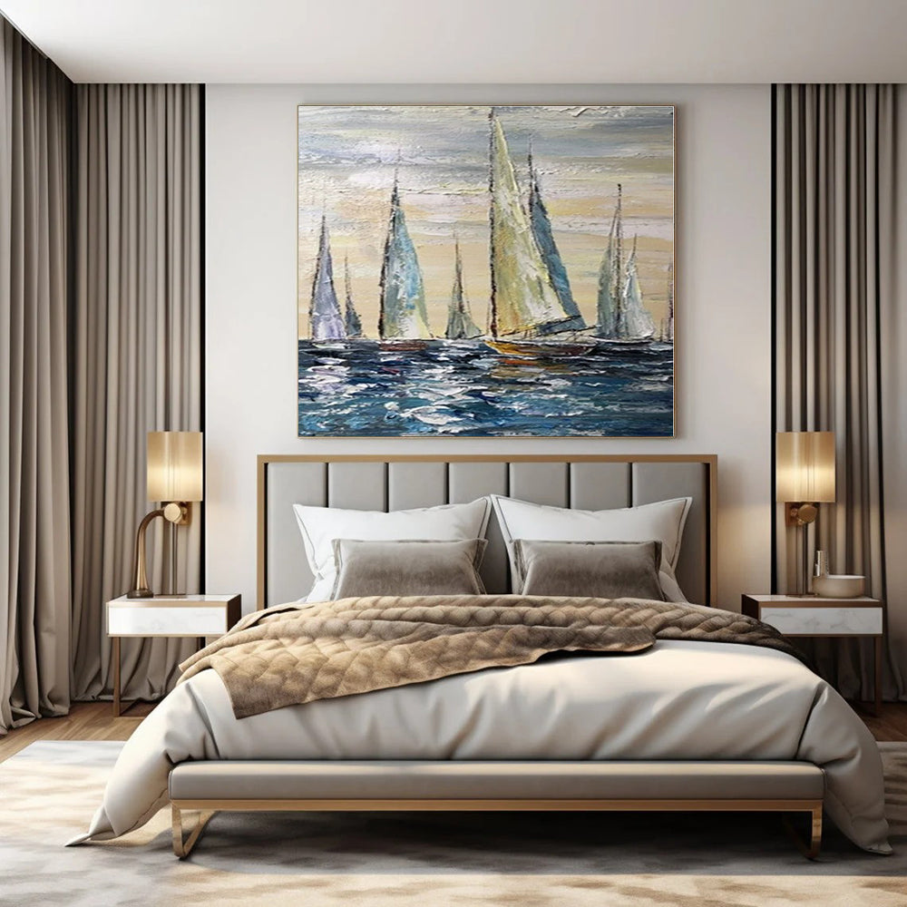 Colorful Sailboats on Blue Sea - Impressionist Oil On Canvas CT1302