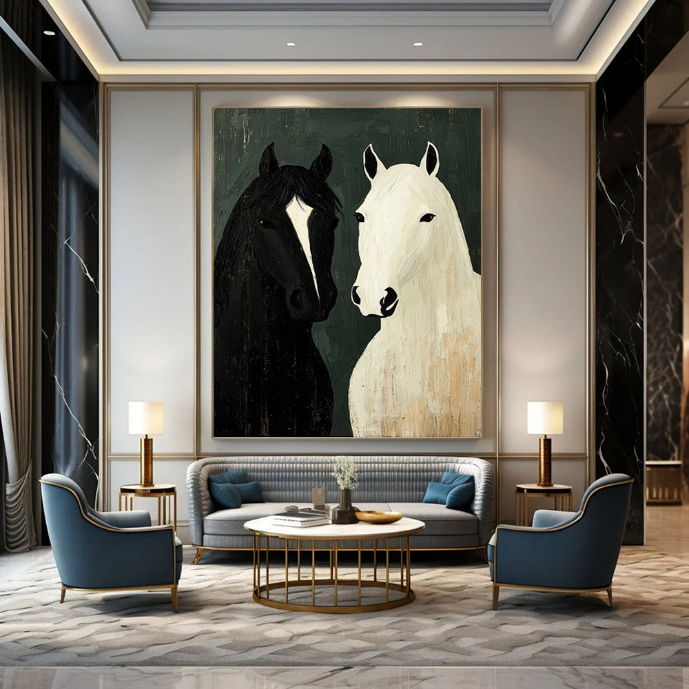 “Two Horses Portrait” - Black, White & Green Folk - Art - Style Painting On Canvas DKH1003