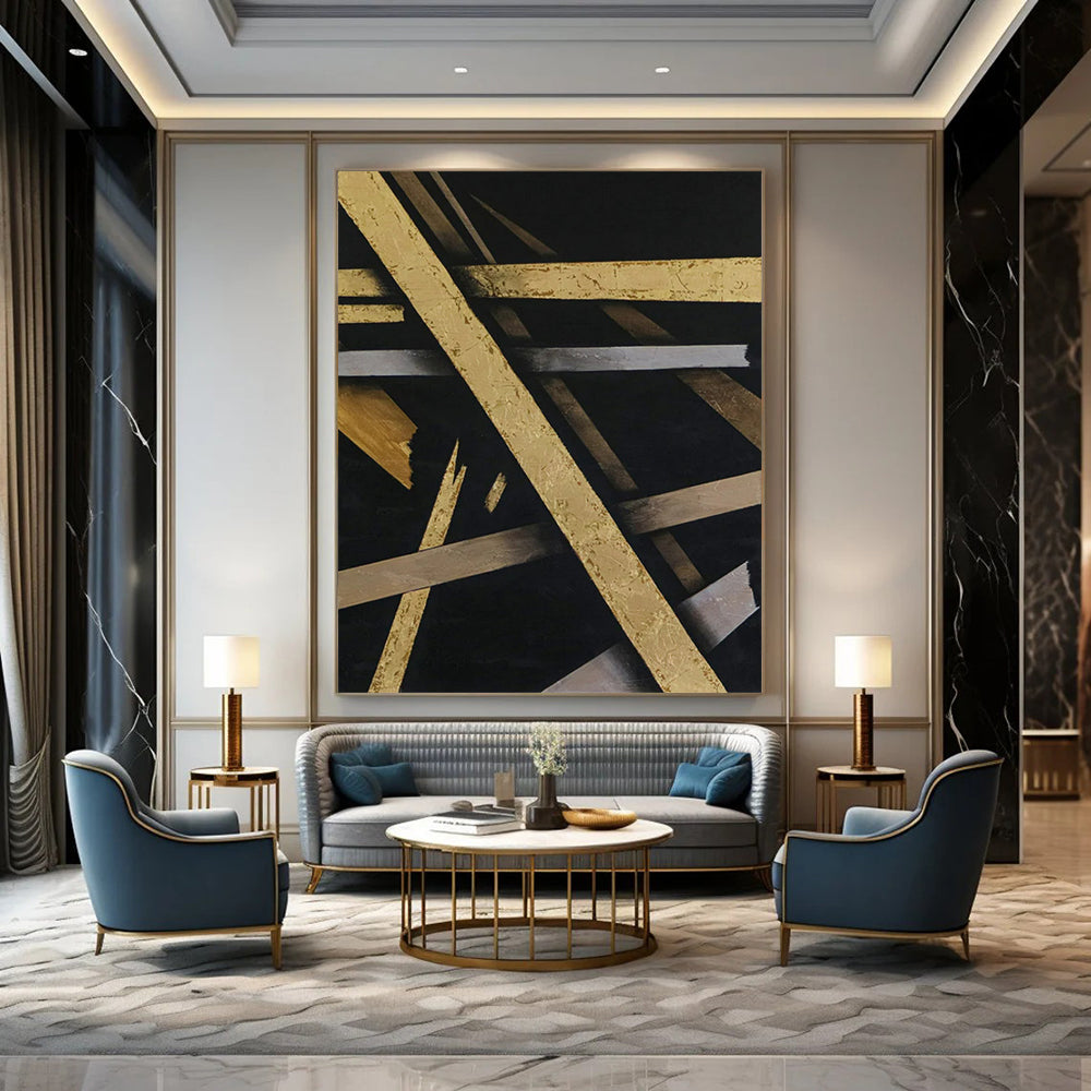 “Gilded Geometric Abstract - Gold, Silver, and Black” Painting On Canvas CT2388