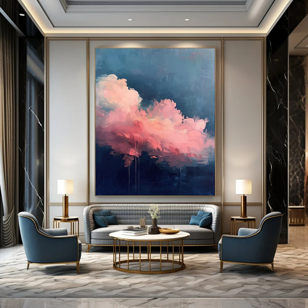 “Blending Pink Clouds and Dark Blue Background” - Abstract Cloud Decorative Painting CT1976