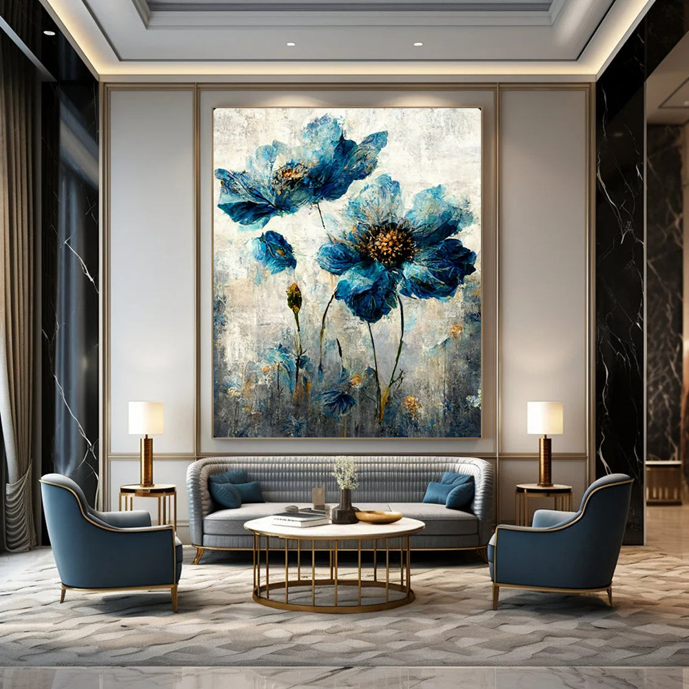 “Textured Blue Flowers” – Impasto Floral Oil Painting On Canvas CT2169