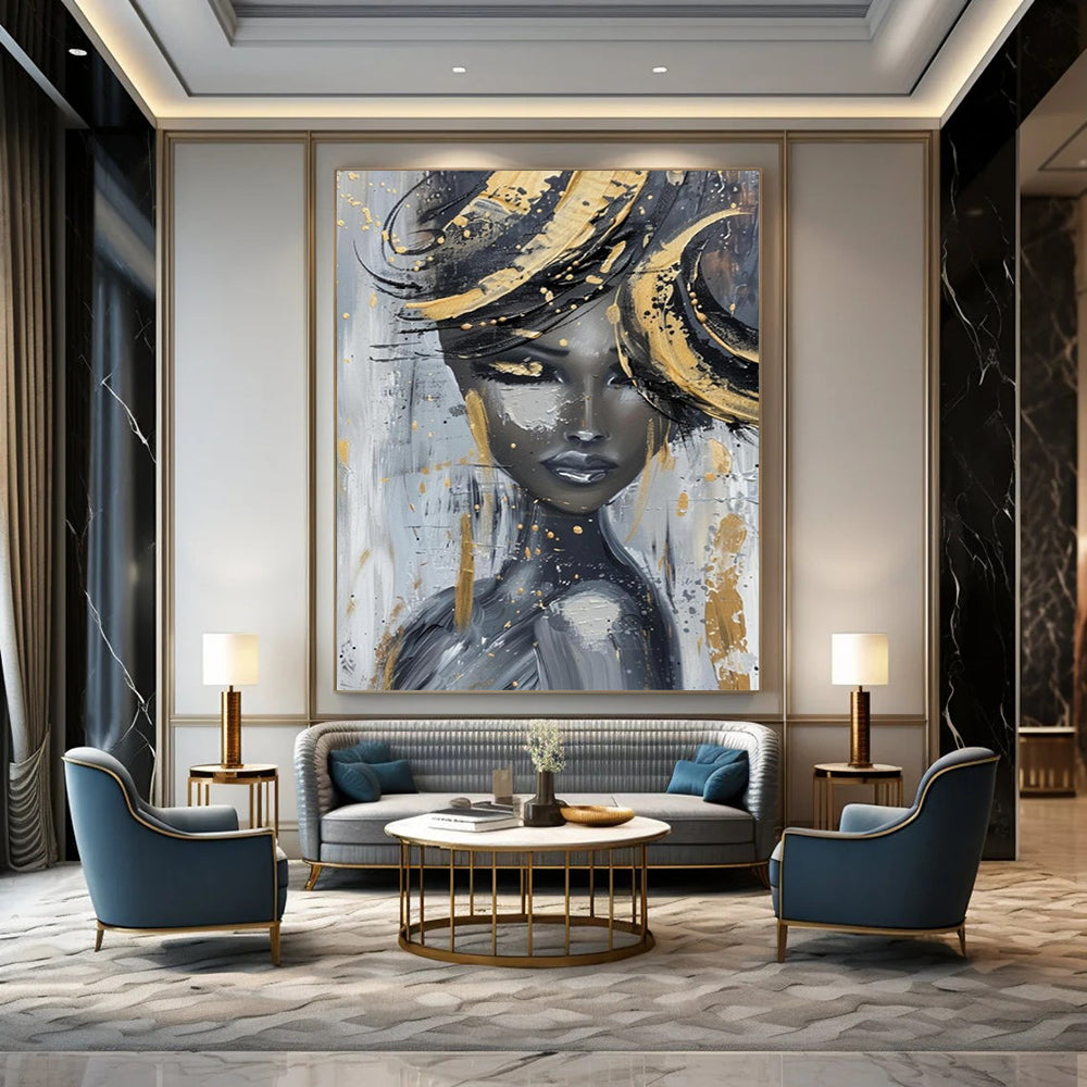 “Glamorous Gold - Accented Lady” - Gray, Black & Gold Abstract Figure Painting On Canvas CT2196