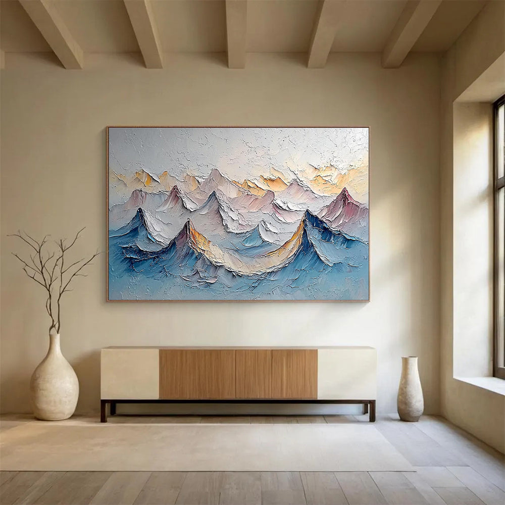 Layered Mountain Peaks - Gray, Blue & Yellow Landscape Painting On Canvas DKH902