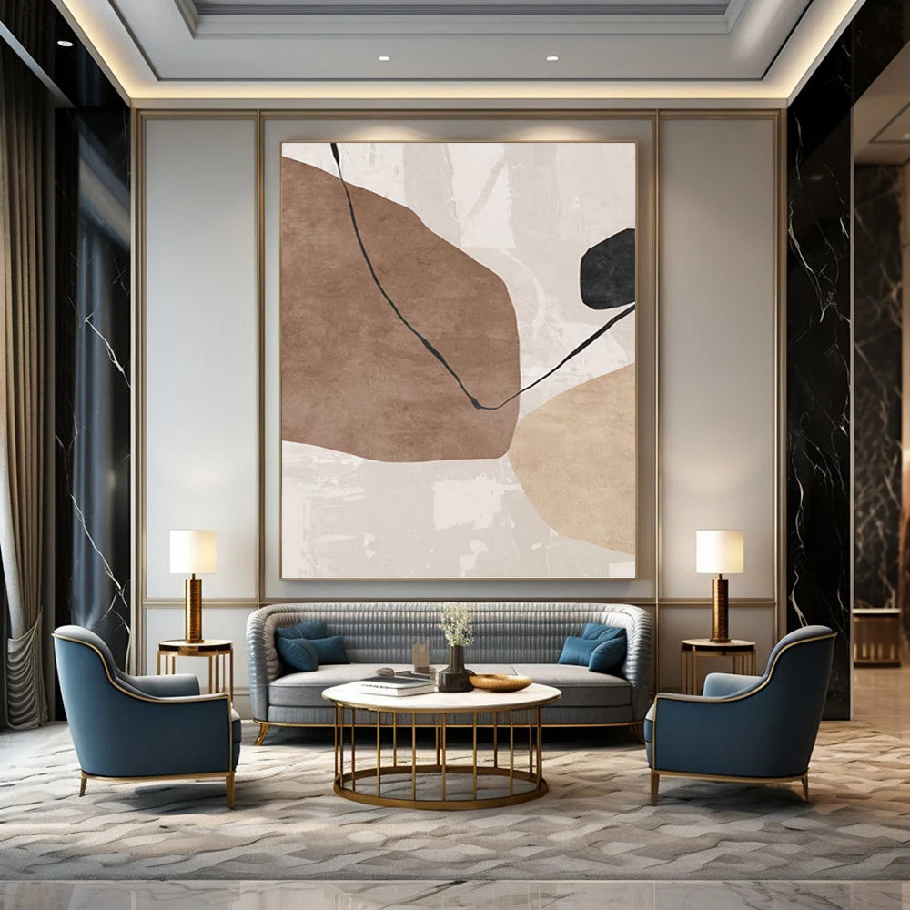“Earth Tones Link” - Brown, Beige & Black Minimalist Shapes Painting On Canvas DKH1519