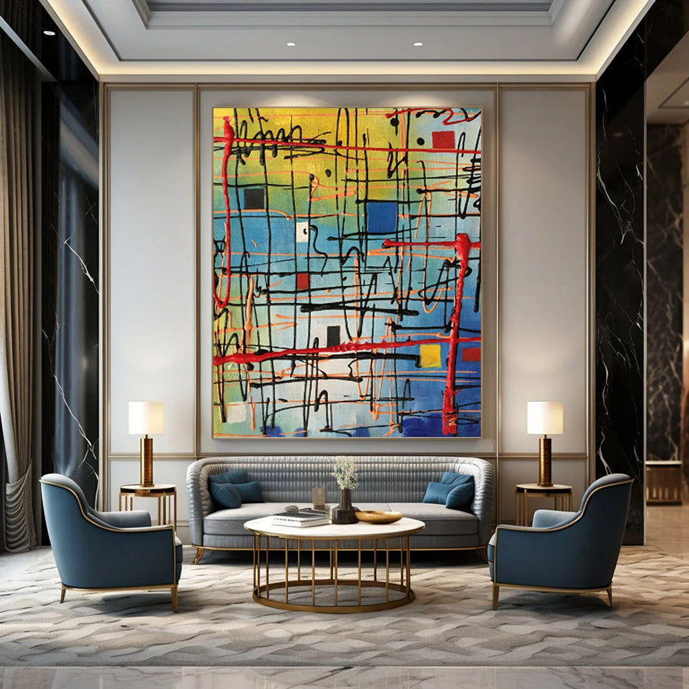 “Colorful Grid Energy” - Multicolor Geometric Abstract Painting On Canvas DKH1582
