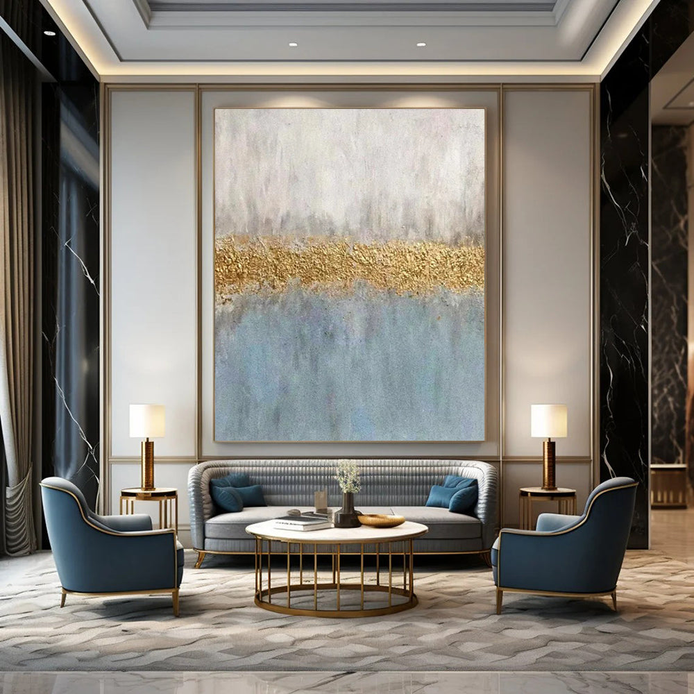 Blue & Gold Abstract Divide - Minimalist Abstract Painting On Canvas CT2289