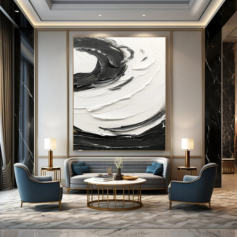 “Black, White Textured Swirls ‘Bold Rhythm’” - Impasto Abstract Painting On Canvas DTP380