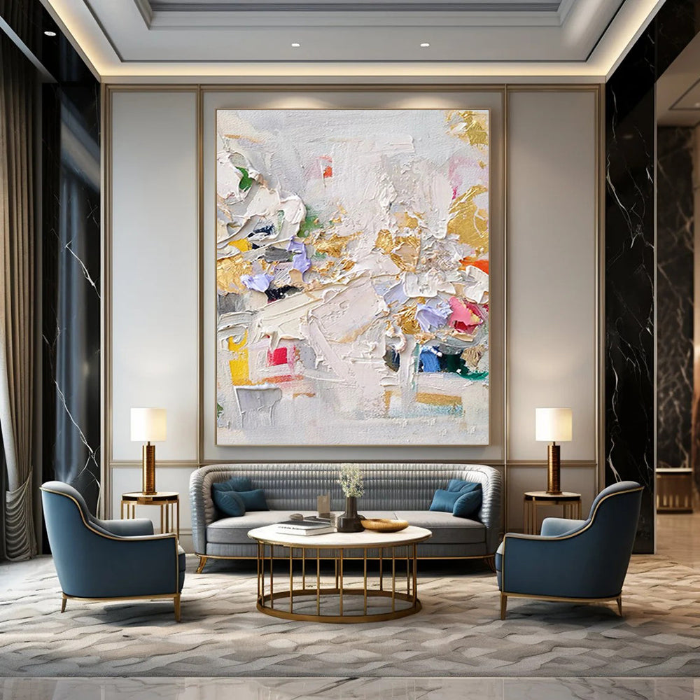 “Colorful Impasto Collage” - White, Gold, Purple, Pink & Yellow Vibrant Textured Painting On Canvas DKH1027