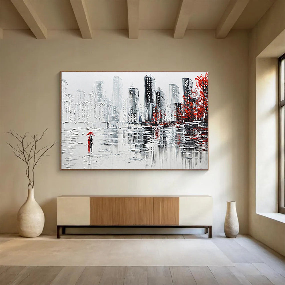 Cityscape with Red Accents - Gray, White & Red Urban Painting On Canvas DKH886
