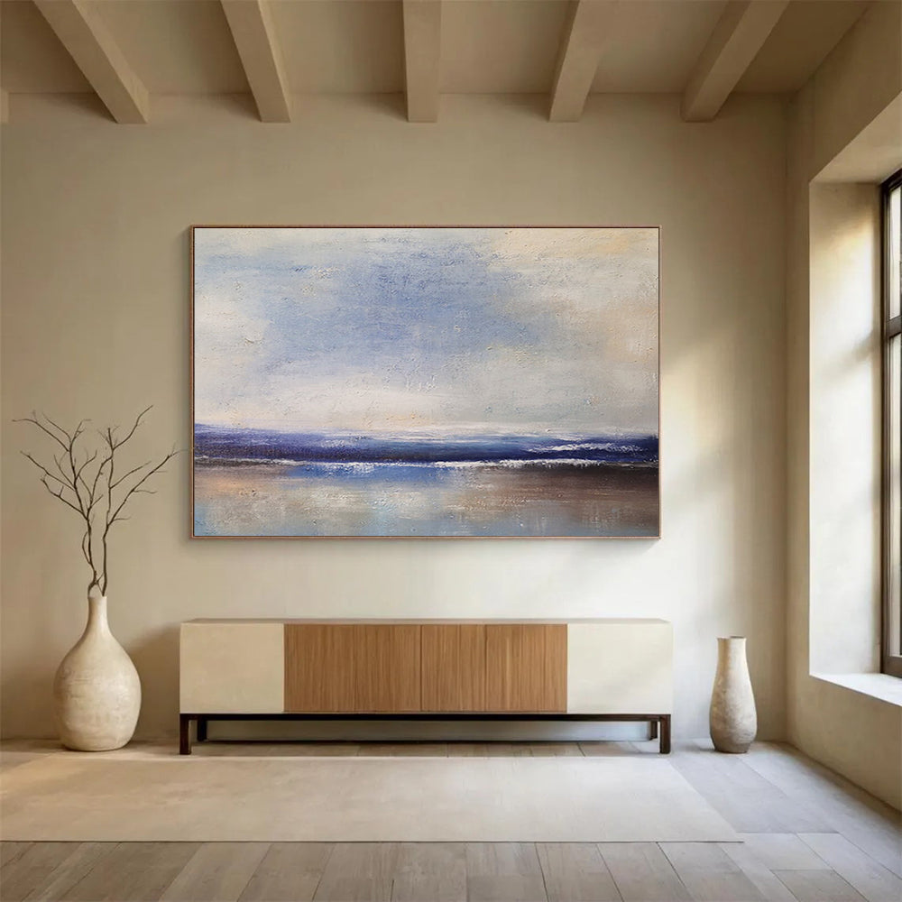 “Blue, White, Minimalist Shore ‘Quiet Beach Reflection’” - Minimalist Seascape Painting On Canvas DLZ037