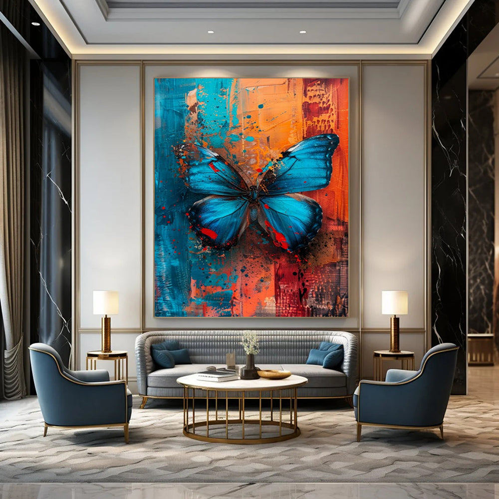 “Vibrant Blue Butterfly” - Blue, Orange & Red Butterfly Painting On Canvas CT2194