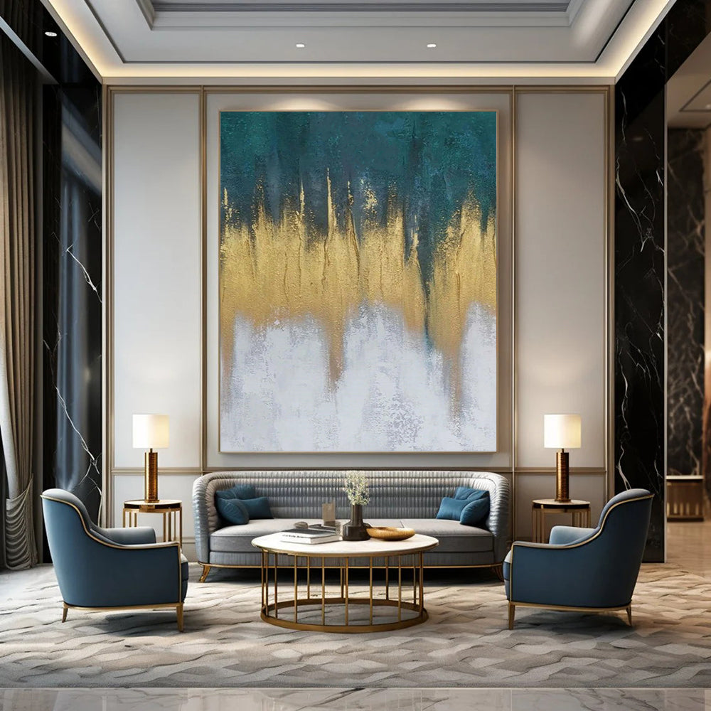 “Teal - Gold - White Abstract Drips” Painting On Canvas DKH1235