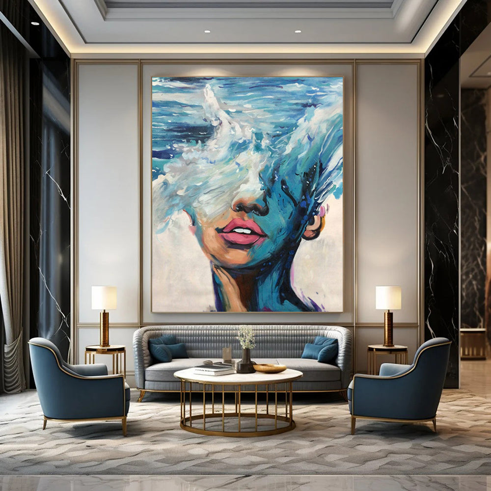 “Blue, White, Pink Ocean Face ‘Sea of Self’” - Impasto Figurative Painting On Canvas DTP347