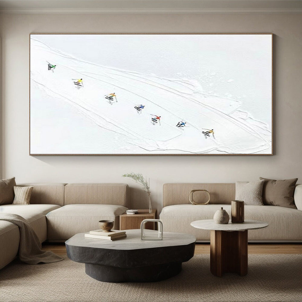 White - based Ski Slope with Colorful Skiers, “Ski Trail Joy” - Minimalist Figurative Acrylic Painting CT0734