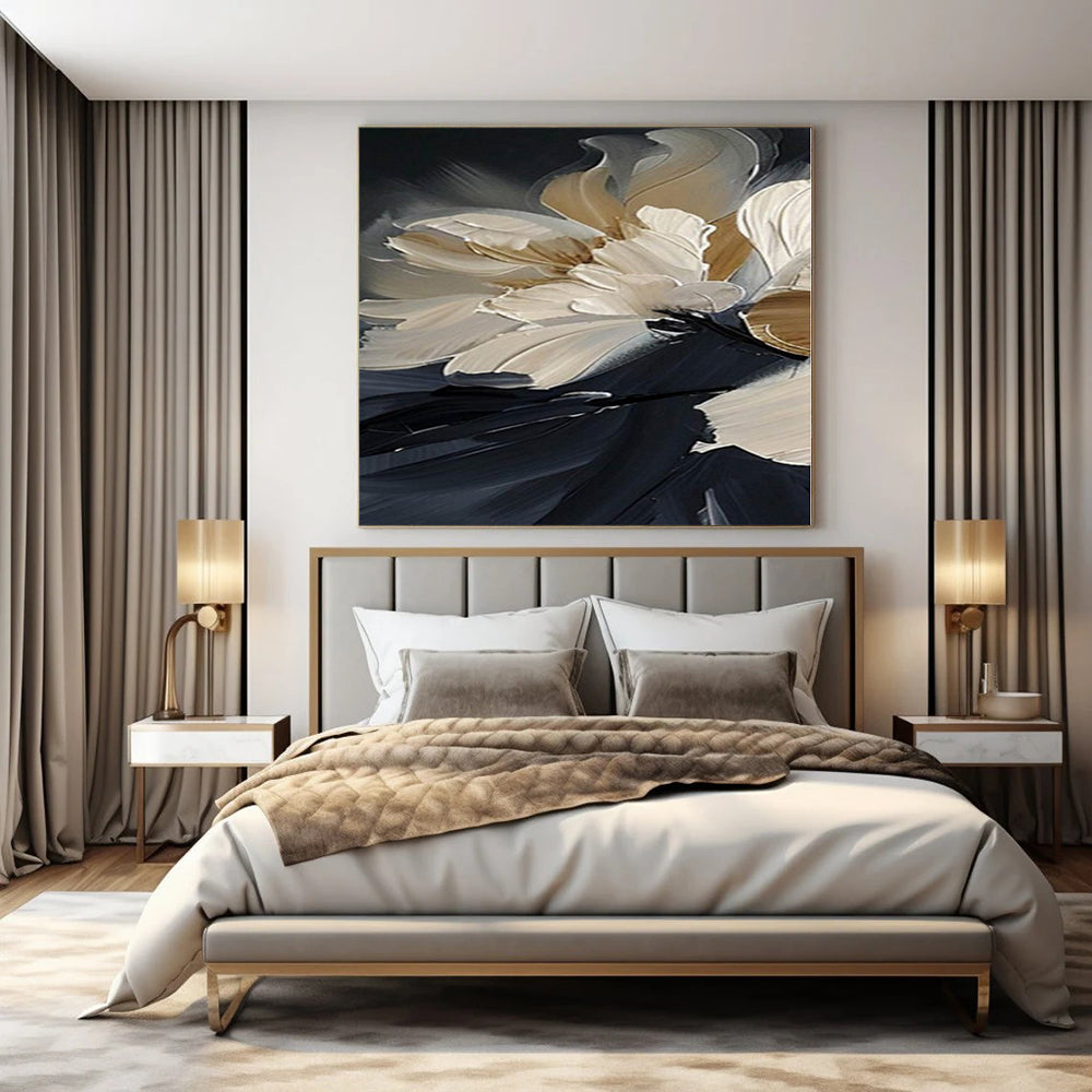 “Textured Beige - White Floral on Black” – Impasto Floral Painting CT1091