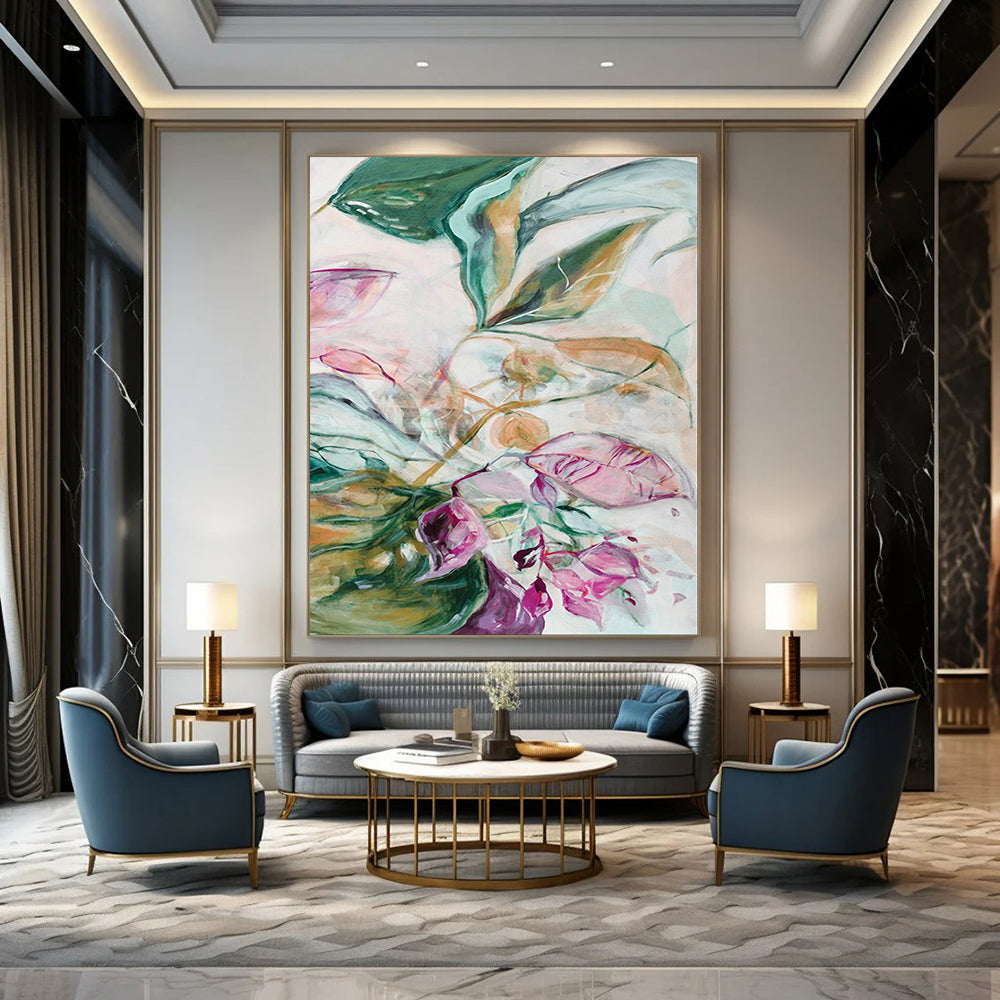 Green Foliage, Pink Petals - "Ethereal Garden" - Abstract Floral Painting CT1851