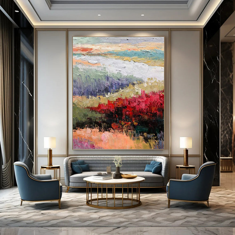 Impressionistic Landscape with Red Blossoms - Landscape Impasto Painting On Canvas DKH1273