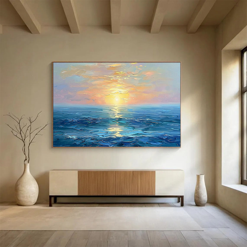 “Sunset Over the Sea” - Blue, Orange, Yellow Impressionistic Seascape Painting On Canvas DKH767