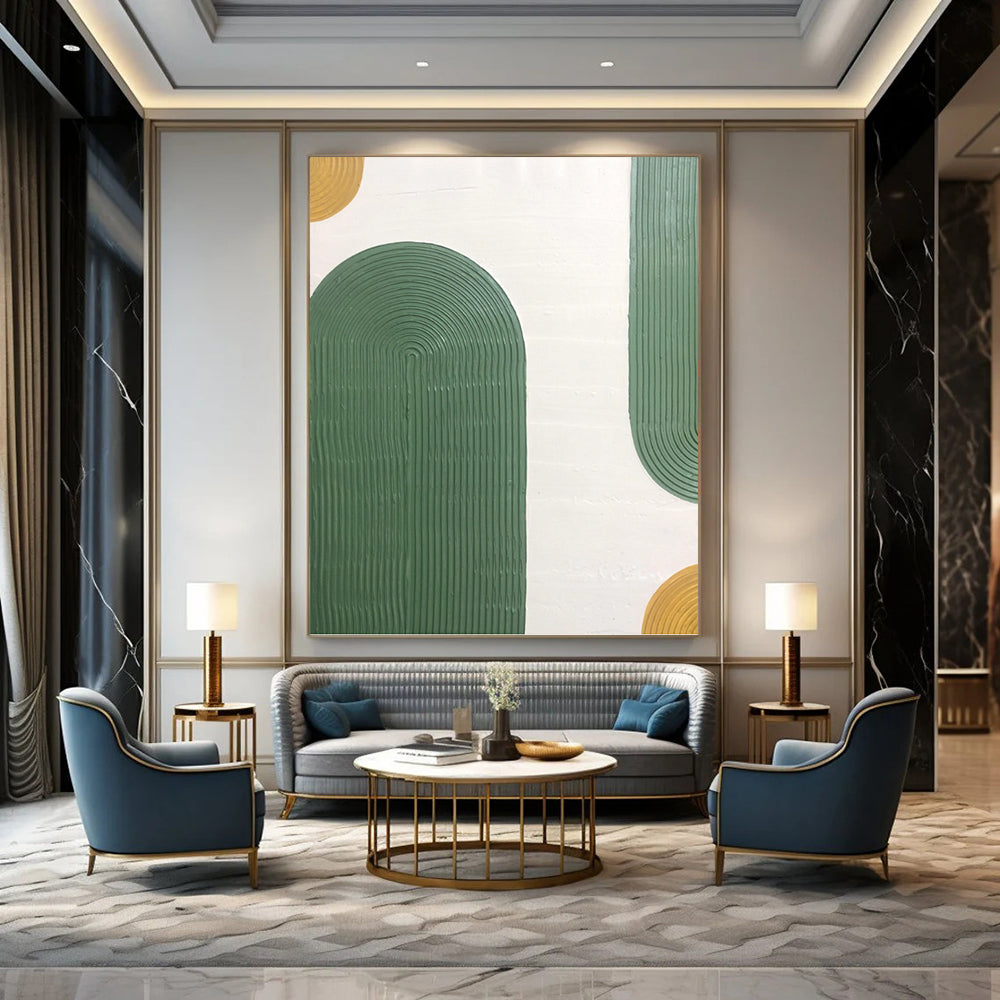 “Green Ribbon Arches” - Green, Yellow & White Textured Curves Painting On Canvas DKH1170