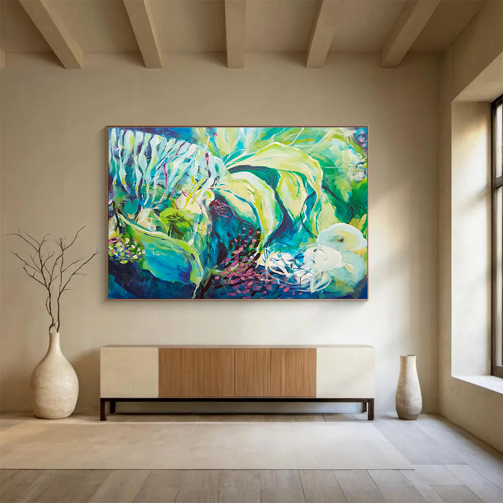 Abstract Floral in Green and Blue - Expressive Brushstrokes and Nature - Inspired Forms Painting On Canvas DKH055