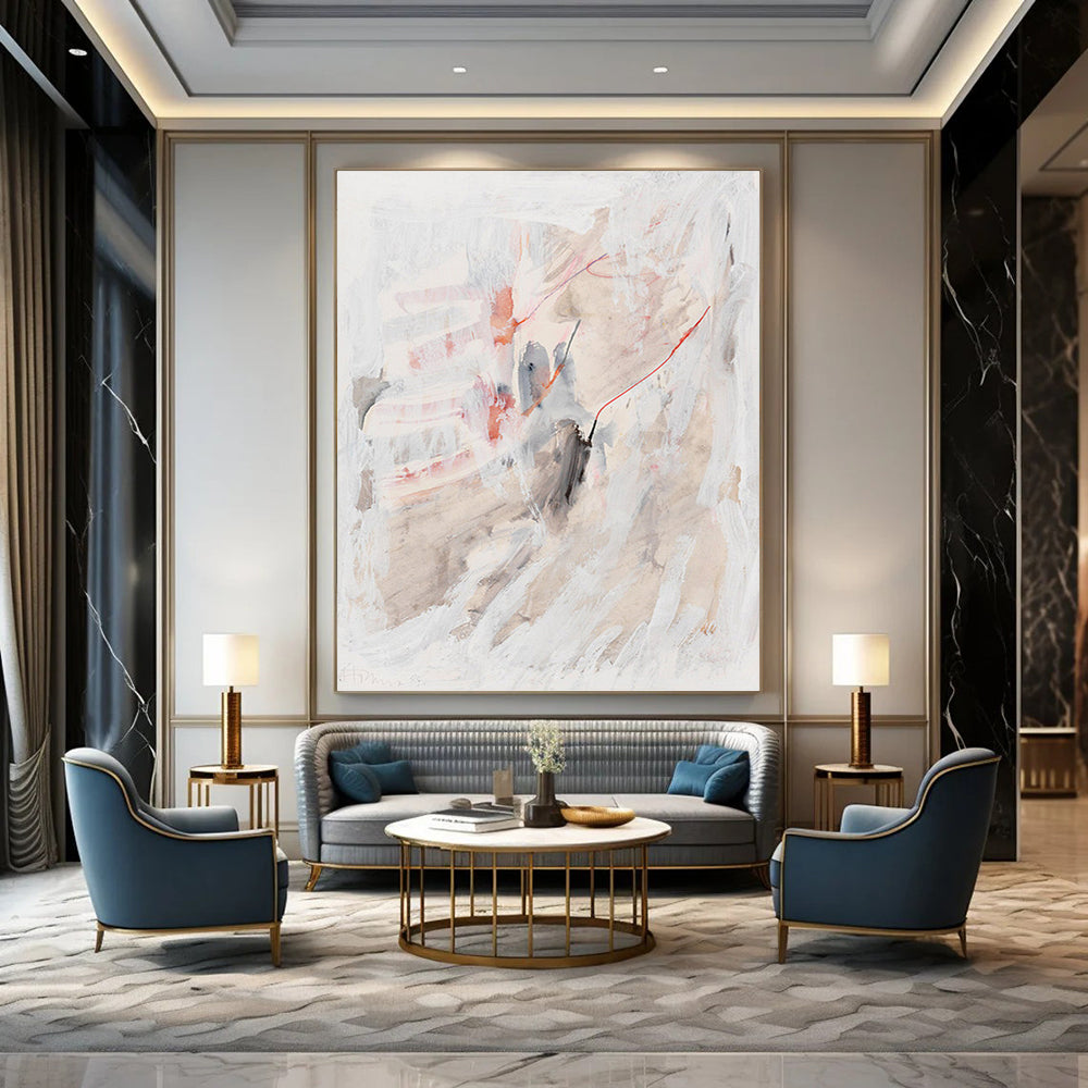 “Subtle Whispers” - White, Gray, Pink & Blue Abstract Washes Painting On Canvas DKH1530