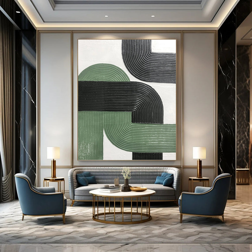 “Intertwined Paths” - Green & Black Ribbed Geometric Painting On Canvas DKH1171