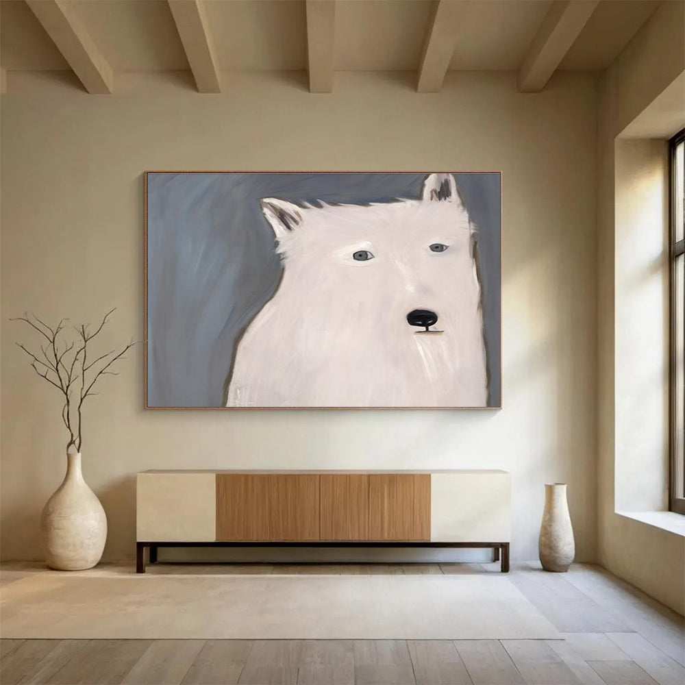 “Minimalist White Wolf” Abstract Portrait Painting On Canvas DKH422