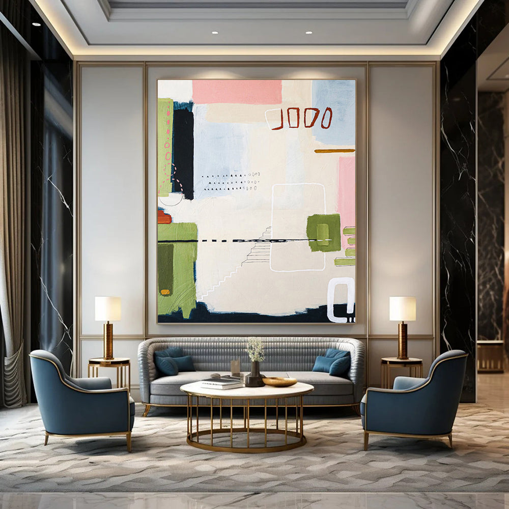 “Pastel - Colored Abstract with Geometric and Dotted Details” - Whimsical Abstract Painting On Canvas DKH1109