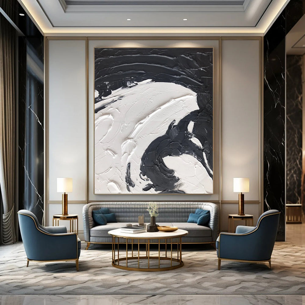 “Black, White Swirl ‘Yin - Yang Motion’” - Abstract Impasto Painting On Canvas DTP393