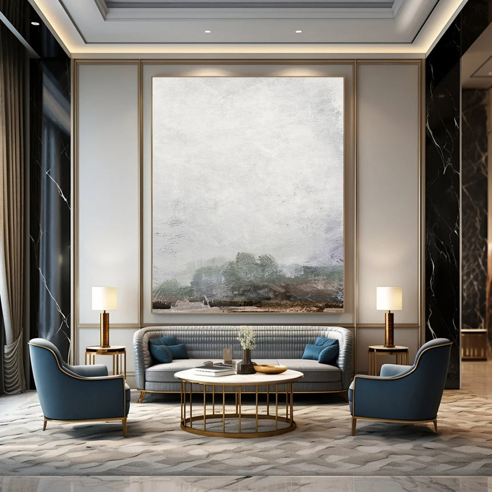 “Foggy Gray Horizon” - Gray, Green Abstract Landscape Painting On Canvas DTP222
