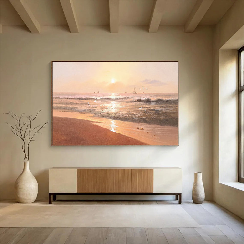 “Sunset Beach Serenade” - Orange, Pink & Gold Romantic Seascape Painting On Canvas DLZ264