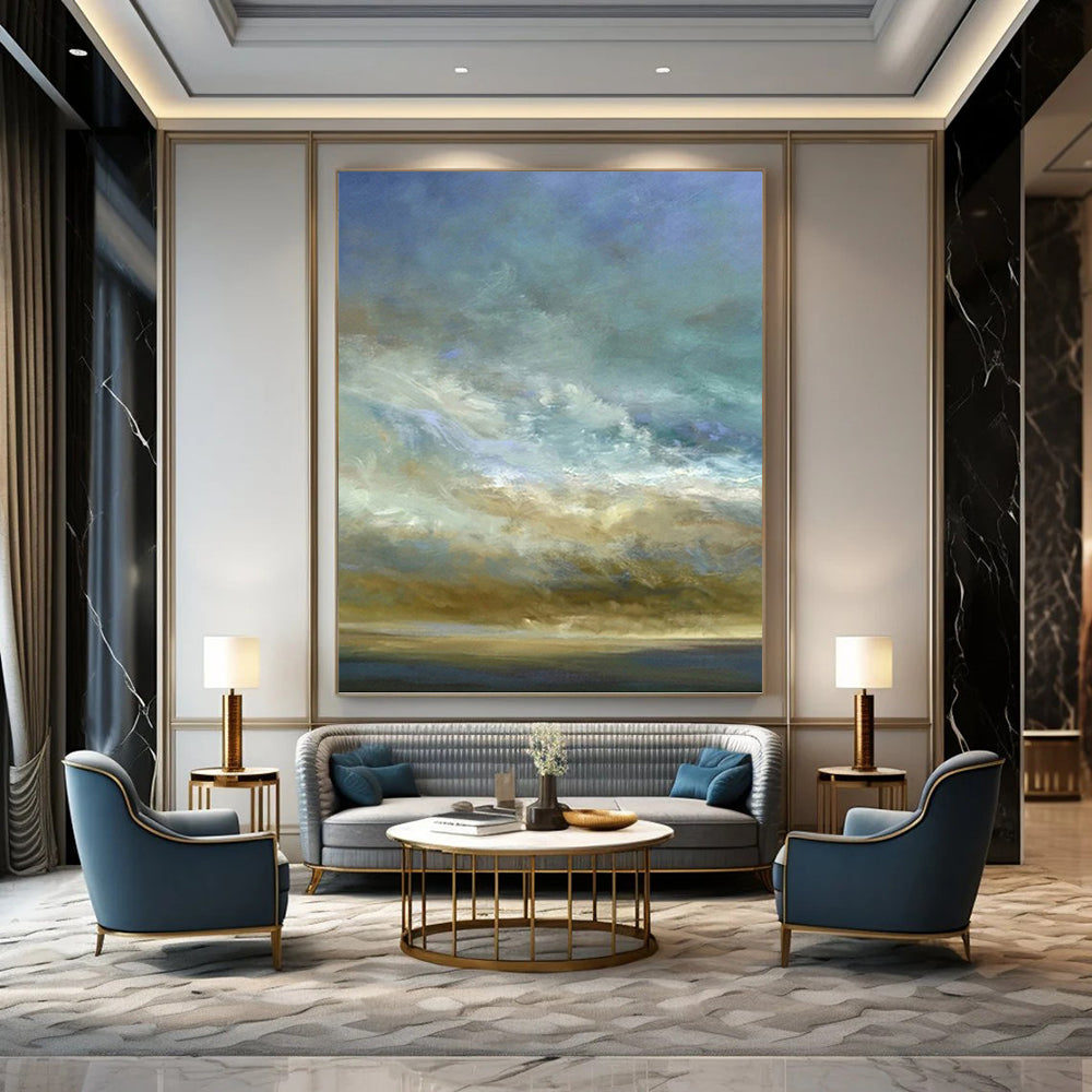 “Sky & Sea in Soft Hues” - Blue, Beige & White Impressionistic Painting On Canvas DKH0953