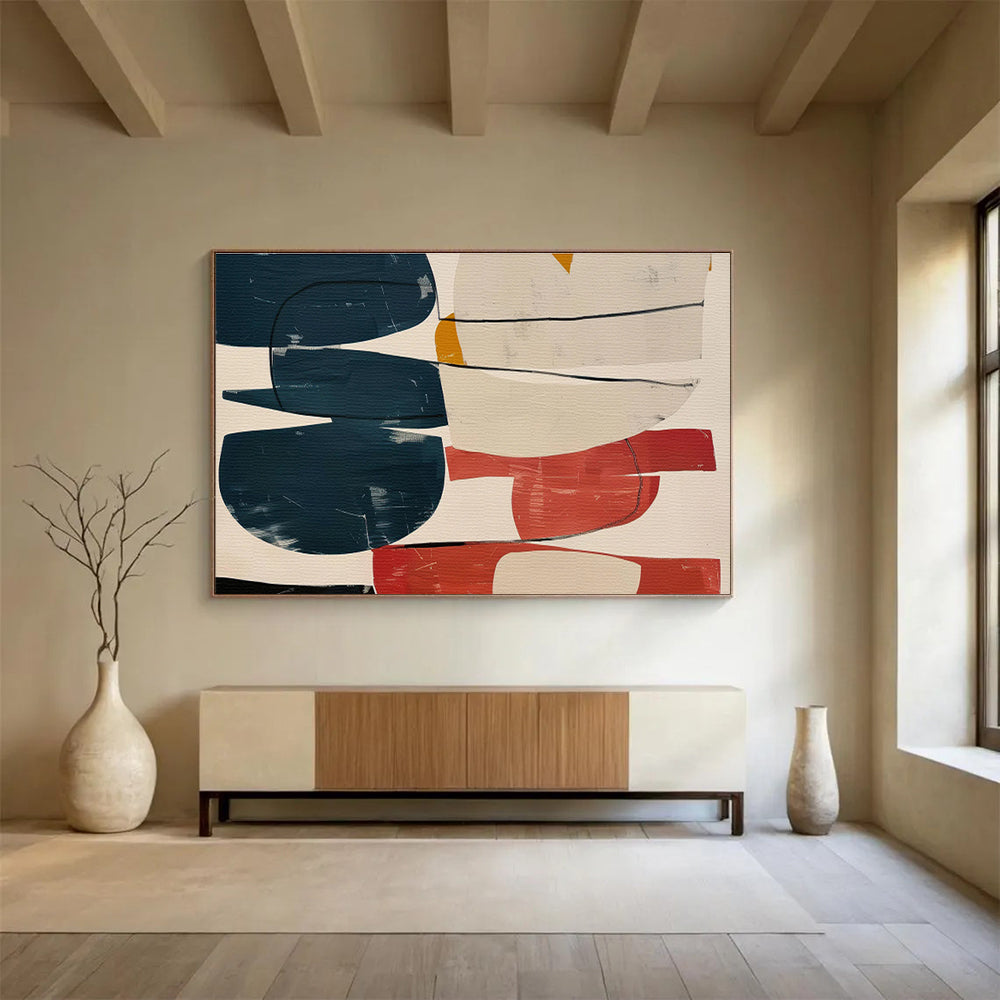 Colorful Geometric Collage with Blue, Red, and Beige, Abstract Modernist Painting On Canvas DKH590