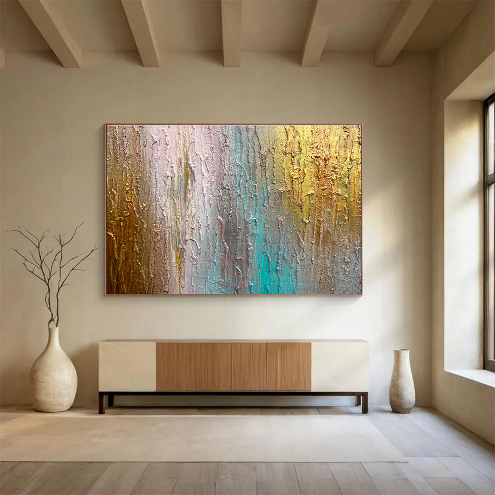 Colorful Textured Streaks - Gold, Blue & Pink Abstract Painting On Canvas DKH916