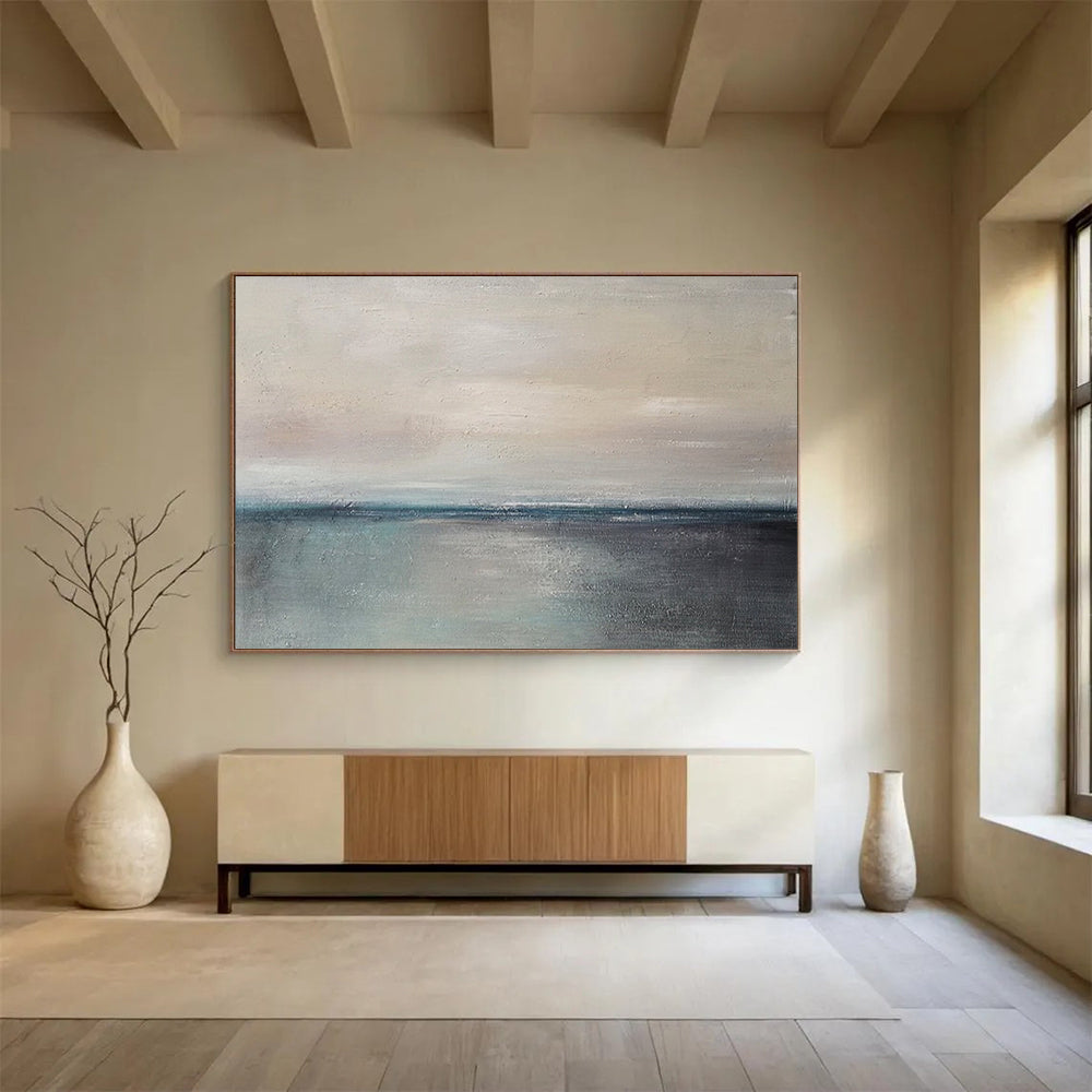“Gray, Blue, Minimalist ‘Calm Horizon’” - Abstract Seascape Painting On Canvas DLZ017